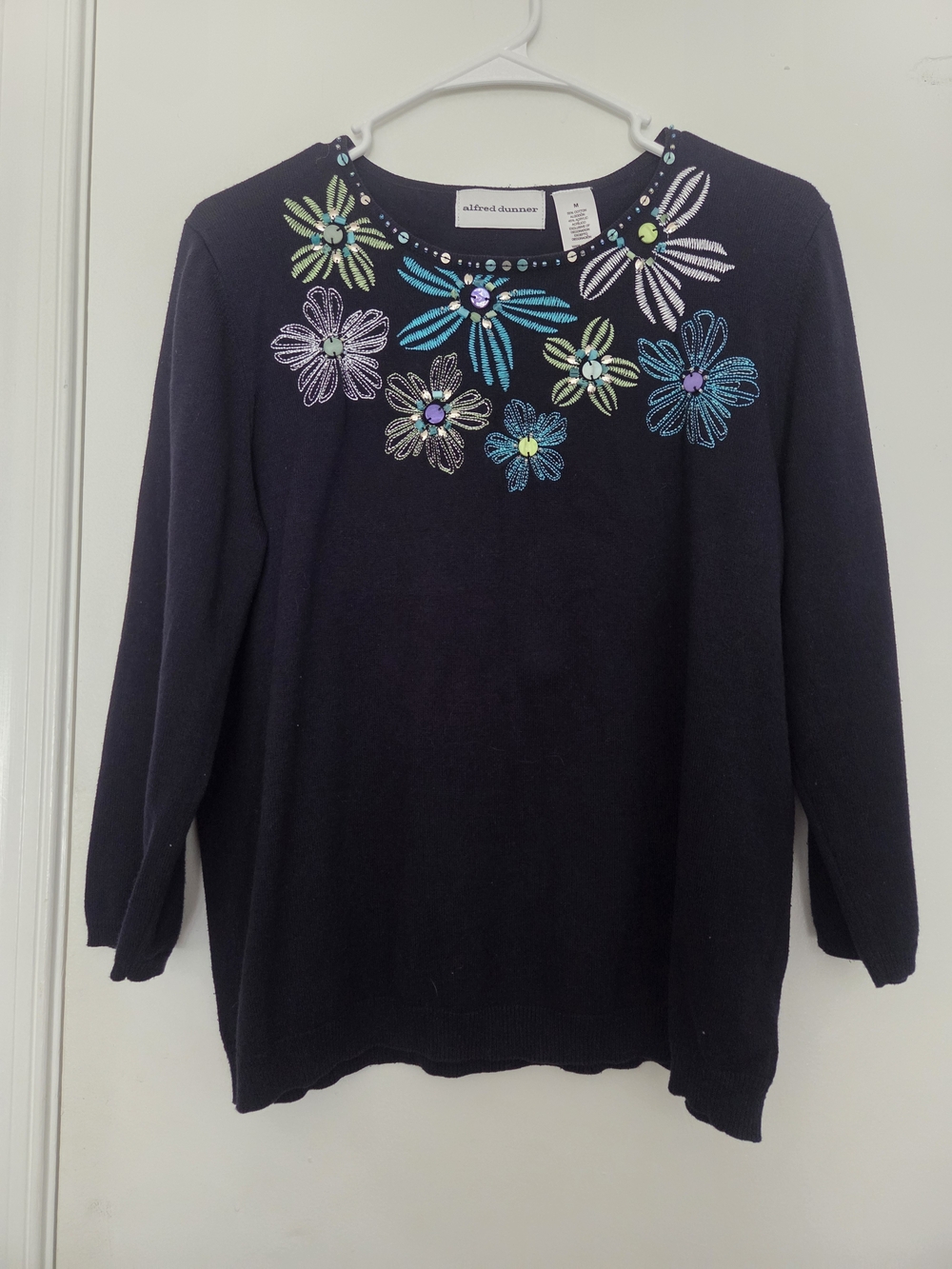 Alfred Dunner Navy Embellished Floral Crewneck Sweater